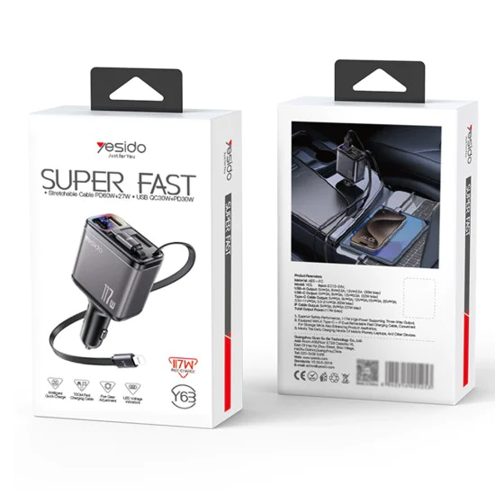 Автомобилно зарядно 4в1 – Yesido Y63 – 2× прибиращи кабели, LED светлина, fast charge 117W – Сиво