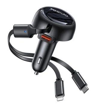 Автомобилно зарядно – Yesido Y61 – с 2× прибиращ се кабел Type-C/Lightning, USB-A, 53W – Черно