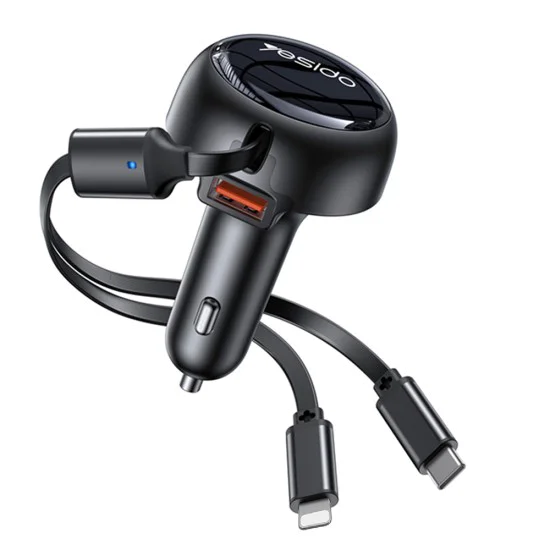 Автомобилно зарядно – Yesido Y61 – с 2× прибиращ се кабел Type-C/Lightning, USB-A, 53W – Черно