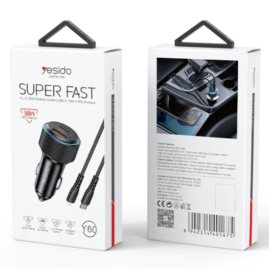 Автомобилно зарядно – Yesido Y60 – включен кабел Type-C → Lightning, 38W, multi-ports – Черно
