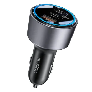 Автомобилно зарядно – Yesido Y59 – 2× Type-C + USB-A, 200W, светлинен ефект, fast charge – Черно