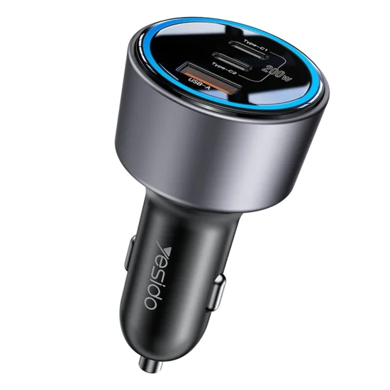 Автомобилно зарядно – Yesido Y59 – 2× Type-C + USB-A, 200W, светлинен ефект, fast charge – Черно