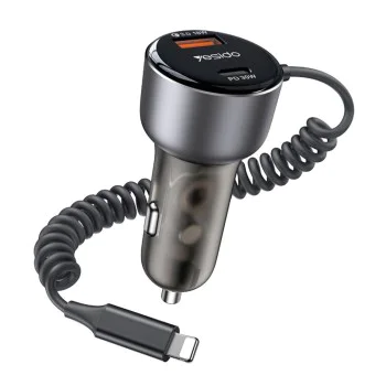 Автомобилно зарядно – Yesido Y57 – Lightning пружинен кабел, Type-C/USB-A, 50W – Черно