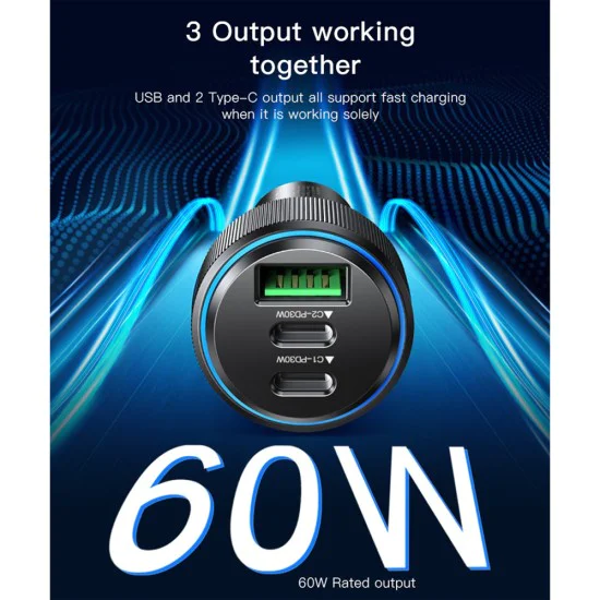 Автомобилно зарядно – Yesido Y50 – 2× Type-C + USB, 60W, LED пръстен, интелигентен температурен контрол – Черно