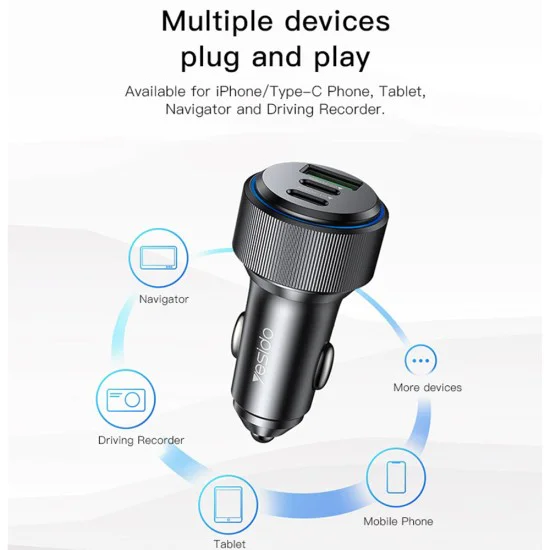 Автомобилно зарядно – Yesido Y50 – 2× Type-C + USB, 60W, LED пръстен, интелигентен температурен контрол – Черно