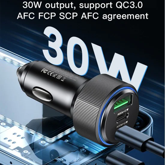 Автомобилно зарядно – Yesido Y50 – 2× Type-C + USB, 60W, LED пръстен, интелигентен температурен контрол – Черно