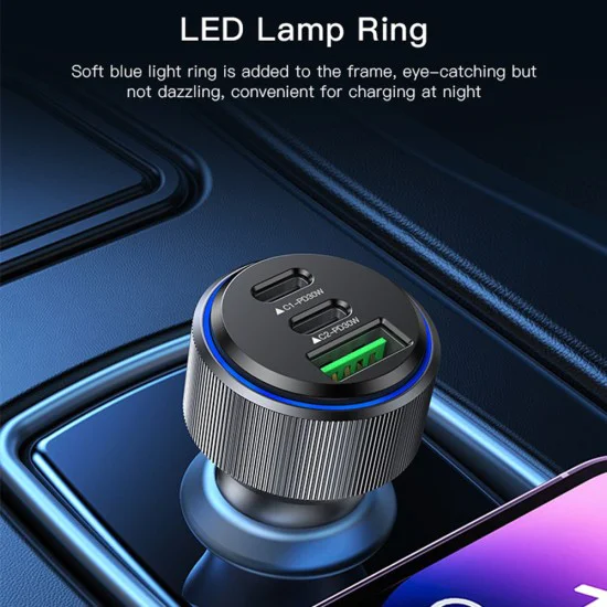 Автомобилно зарядно – Yesido Y50 – 2× Type-C + USB, 60W, LED пръстен, интелигентен температурен контрол – Черно