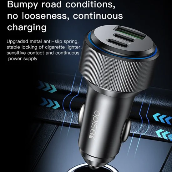 Автомобилно зарядно – Yesido Y50 – 2× Type-C + USB, 60W, LED пръстен, интелигентен температурен контрол – Черно