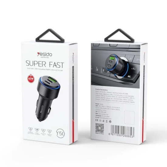 Автомобилно зарядно – Yesido Y50 – 2× Type-C + USB, 60W, LED пръстен, интелигентен температурен контрол – Черно