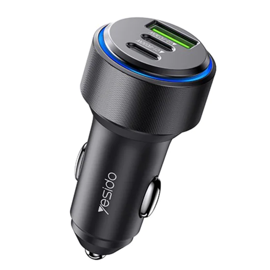 Автомобилно зарядно – Yesido Y50 – 2× Type-C + USB, 60W, LED пръстен, интелигентен температурен контрол – Черно