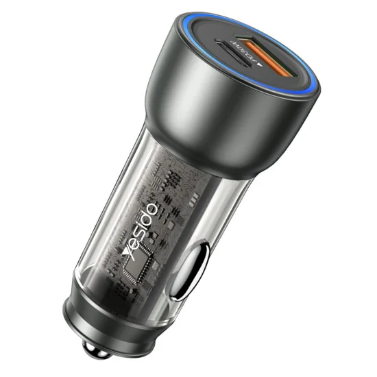 Автомобилно зарядно – Yesido Y49 – USB-A + Type-C, LED светлина, fast charge 30W – Сиво
