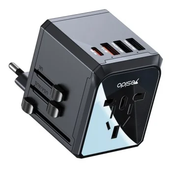 Пътнически адаптер – Yesido Travel Adapter (MC24) – Type-C, USB3.0, 2× USB2.4, многофункционално бързо зареждане – Черен