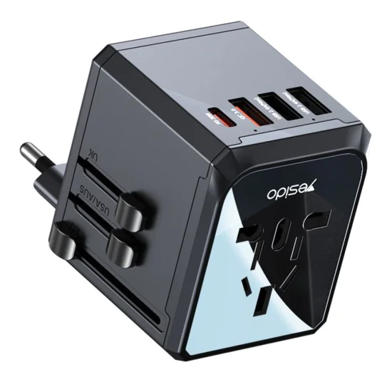 Пътнически адаптер – Yesido Travel Adapter (MC24) – Type-C, USB3.0, 2× USB2.4, многофункционално бързо зареждане – Черен