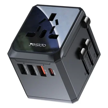 Пътнически адаптер – Yesido Travel Adapter (MC24) – Type-C, USB3.0, 2× USB2.4, многофункционално бързо зареждане – Черен