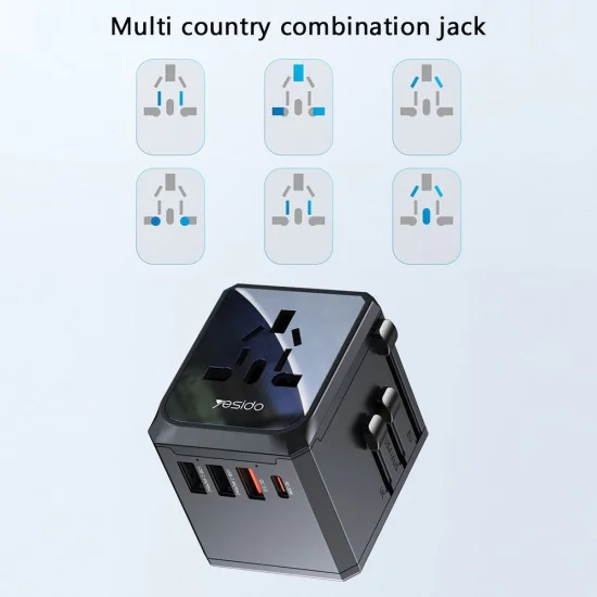 Пътнически адаптер – Yesido Travel Adapter (MC24) – Type-C, USB3.0, 2× USB2.4, многофункционално бързо зареждане – Черен