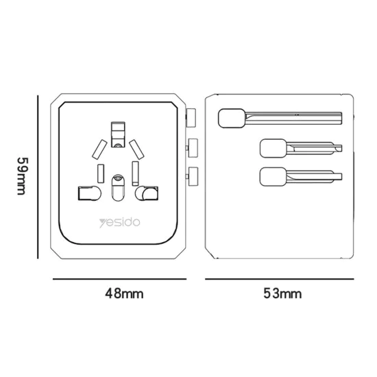 Пътнически адаптер – Yesido Travel Adapter (MC24) – Type-C, USB3.0, 2× USB2.4, многофункционално бързо зареждане – Черен