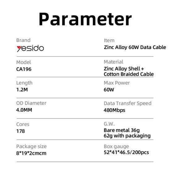 Кабел за данни – Yesido CA196 – Type-C → Type-C, fast charge PD60W, 480Mbps, CarPlay, цинкова сплав, 1.2m – Черен