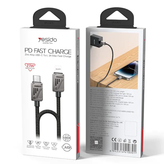 Кабел за данни – Yesido CA195 – Type-C → Lightning, fast charge PD27W, CarPlay, цинкова сплав, 1.2m – Черен