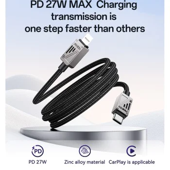 Кабел за данни – Yesido CA195 – Type-C → Lightning, fast charge PD27W, CarPlay, цинкова сплав, 1.2m – Черен
