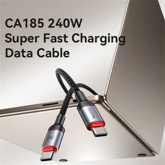 Кабел за данни – Yesido CA186 – Type-C → Type-C, fast charge 240W, 48V/5A, 480Mbps, E-Mark, оплетка, 2m – Черен