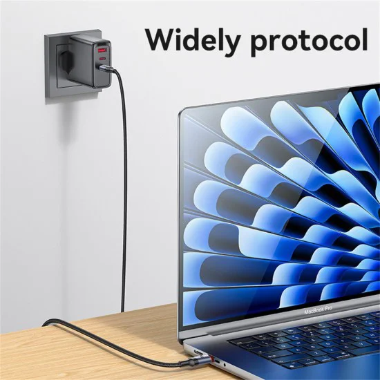 Кабел за данни – Yesido CA186 – Type-C → Type-C, fast charge 240W, 48V/5A, 480Mbps, E-Mark, оплетка, 2m – Черен