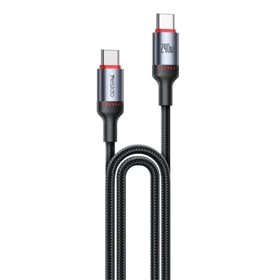 Кабел за данни – Yesido CA186 – Type-C → Type-C, fast charge 240W, 48V/5A, 480Mbps, E-Mark, оплетка, 2m – Черен