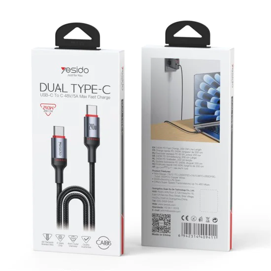 Кабел за данни – Yesido CA186 – Type-C → Type-C, fast charge 240W, 48V/5A, 480Mbps, E-Mark, оплетка, 2m – Черен