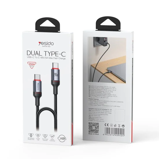 Кабел за данни – Yesido CA185 – Type-C → Type-C, fast charge 240W, 48V/5A, 480Mbps, E-Mark, оплетка, 1.2m – Черен