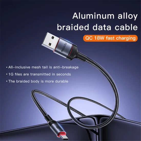 Кабел за данни – Yesido CA129C – USB → Type-C, fast charge 18W, 3A, 480Mbps, CarPlay, алуминий, 1.2m – Черен