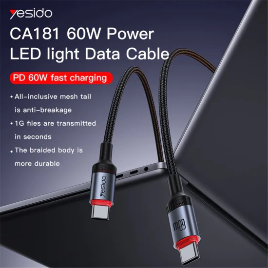Кабел за данни – Yesido CA181 – Type-C → Type-C, fast charge 60W, 3A, 480Mbps, алуминий, 1.2m – Черен