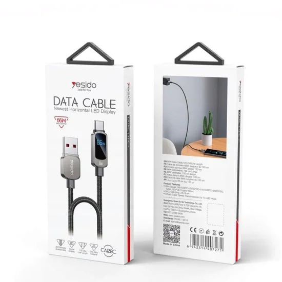 Кабел за данни – Yesido CA128C – USB → Type-C, LED дисплей, fast charge 66W, 5A, 480Mbps, 1.2m – Черен