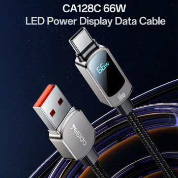 Кабел за данни – Yesido CA128C – USB → Type-C, LED дисплей, fast charge 66W, 5A, 480Mbps, 1.2m – Черен