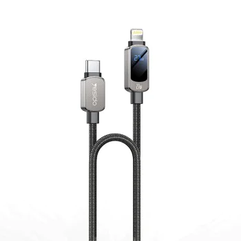 Кабел за данни – Yesido CA180 – Type-C → Lightning, супер бързо зареждане, LED дисплей, 27W, 3A, 480Mbps, 1.2m – Черен