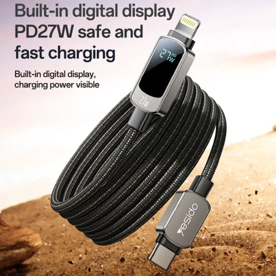 Кабел за данни – Yesido CA180 – Type-C → Lightning, супер бързо зареждане, LED дисплей, 27W, 3A, 480Mbps, 1.2m – Черен