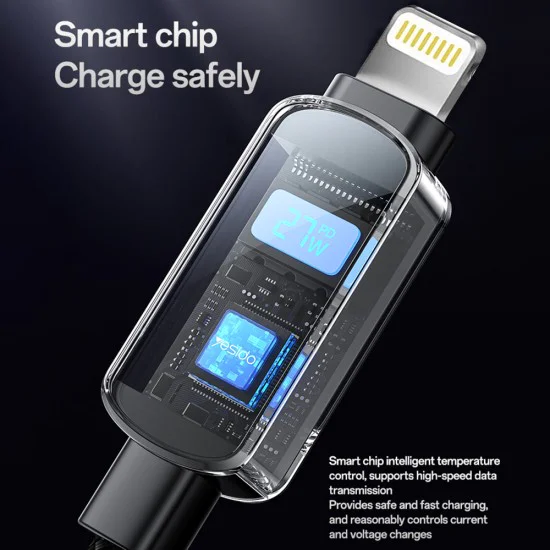Кабел за данни – Yesido CA180 – Type-C → Lightning, супер бързо зареждане, LED дисплей, 27W, 3A, 480Mbps, 1.2m – Черен