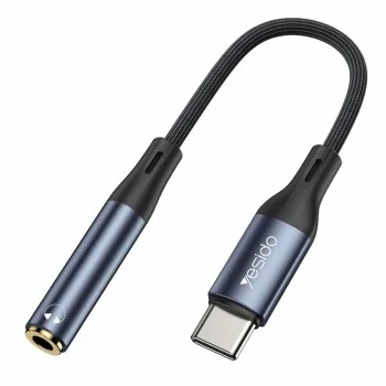 Аудио адаптер – Yesido YAU38 – Type-C → 3.5mm, найлон, алуминий, 15cm – Черен