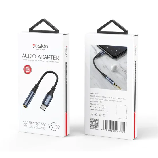 Аудио адаптер – Yesido YAU38 – Type-C → 3.5mm, найлон, алуминий, 15cm – Черен