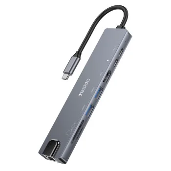 Докинг станция 8в1 – Yesido HB27 – Type-C → 2× USB, 2× USB-C, HDMI, RJ45, SD/TF, PD100W, 4K@30Hz – Сива