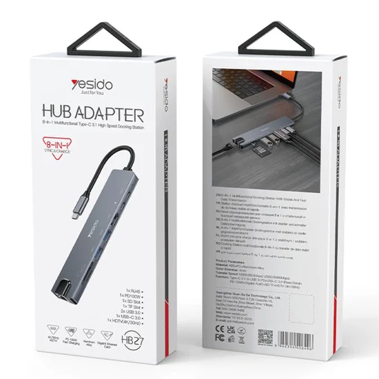 Докинг станция 8в1 – Yesido HB27 – Type-C → 2× USB, 2× USB-C, HDMI, RJ45, SD/TF, PD100W, 4K@30Hz – Сива