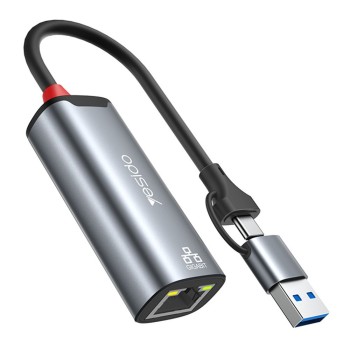 Ethernet адаптер – Yesido HB26 – USB/Type-C → RJ45, 1000Mbps, Windows/MacOS/Linux – Сив