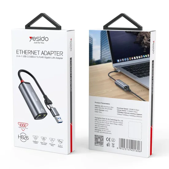 Ethernet адаптер – Yesido HB26 – USB/Type-C → RJ45, 1000Mbps, Windows/MacOS/Linux – Сив