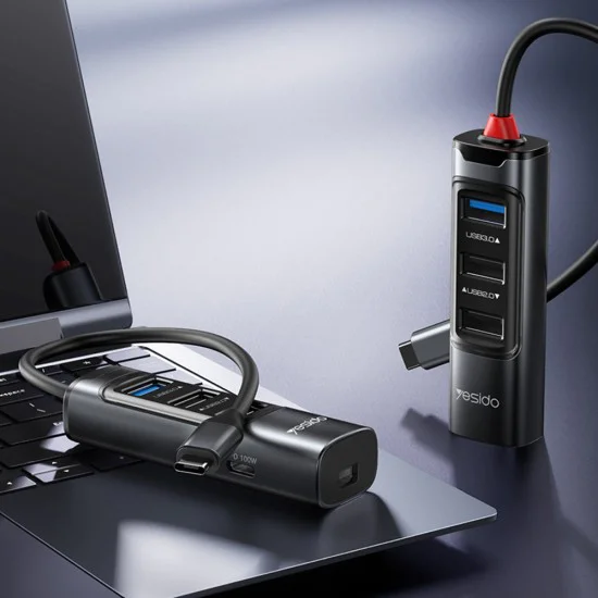 Докинг станция 5 в 1 – Yesido HB24 – Type-C → 3× USB + USB-C + Mini DP, PD100W, 4K@30Hz, 5Gbps – Сив