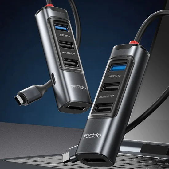 Докинг станция 5 в 1 – Yesido HB23 – Type-C → 3× USB + USB-C + DisplayPort, PD100W, 4K@30Hz, 5Gbps – Сив
