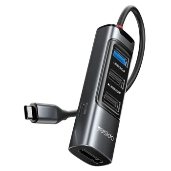 Докинг станция 5 в 1 – Yesido HB23 – Type-C → 3× USB + USB-C + DisplayPort, PD100W, 4K@30Hz, 5Gbps – Сив