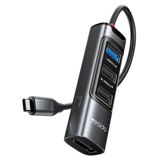 Докинг станция 5 в 1 – Yesido HB23 – Type-C → 3× USB + USB-C + DisplayPort, PD100W, 4K@30Hz, 5Gbps – Сив