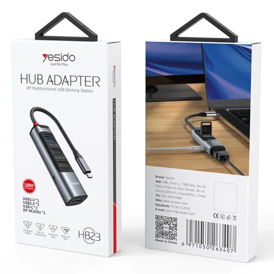 Докинг станция 5 в 1 – Yesido HB23 – Type-C → 3× USB + USB-C + DisplayPort, PD100W, 4K@30Hz, 5Gbps – Сив