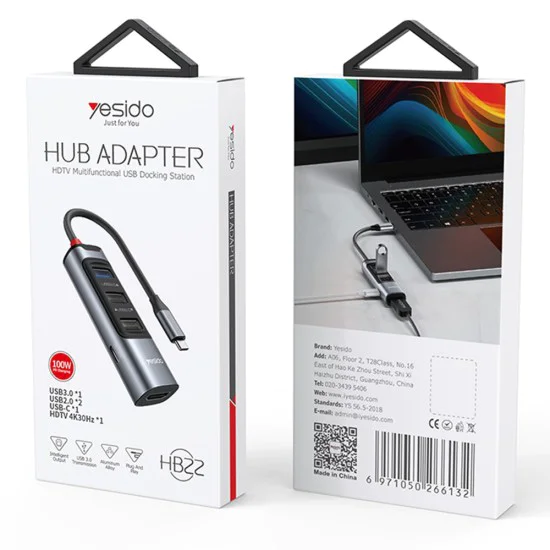 Докинг станция 5 в 1 – Yesido HB22 – Type-C → 3× USB + USB-C + HDMI, PD100W, 4K@30Hz, 5Gbps – Сив