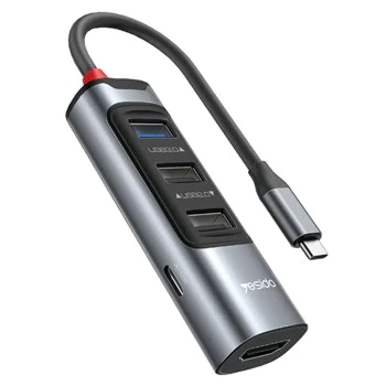 Докинг станция 5 в 1 – Yesido HB22 – Type-C → 3× USB + USB-C + HDMI, PD100W, 4K@30Hz, 5Gbps – Сив