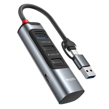 Докинг станция 4 в 1 – Yesido HB19 – USB/Type-C → 3× USB + USB-C, fast charge, 5Gbps – Сив