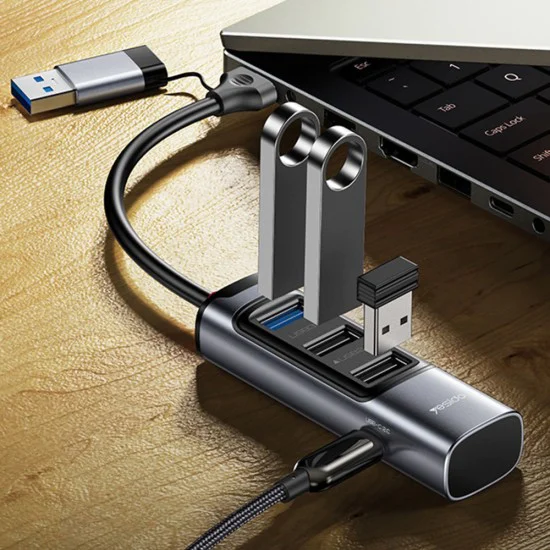 Докинг станция 4 в 1 – Yesido HB19 – USB/Type-C → 3× USB + USB-C, fast charge, 5Gbps – Сив